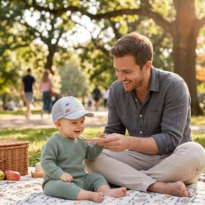 bébé porte sa casquette bebe dinosaure avec papa au parc