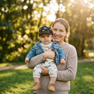 bébé porte sa casquette bebe dinosaure au parc avec maman