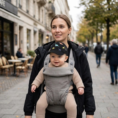 maman porte bébé qui porte sa casquette bebe dinosaure en ville