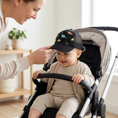 bébé porte sa casquette bebe dinosaure dans sa poussette en souriant