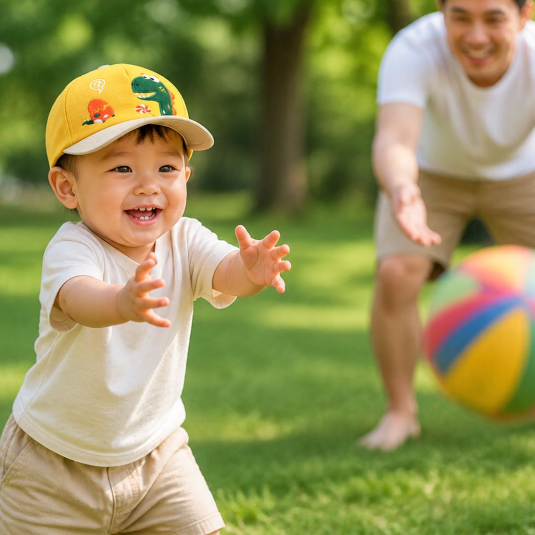 bébé au parc porte sa casquette bebe dinosaure jaune