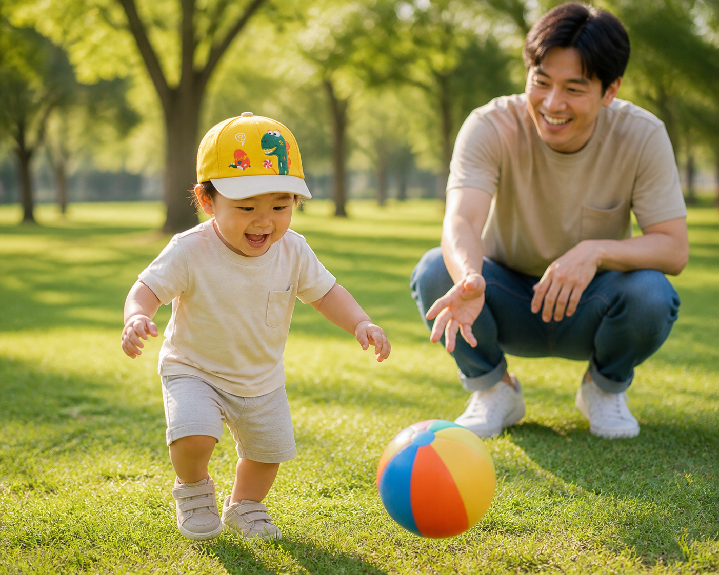 bébé joue au ballon au parc et porte sa casquette bebe dinosaure jaune