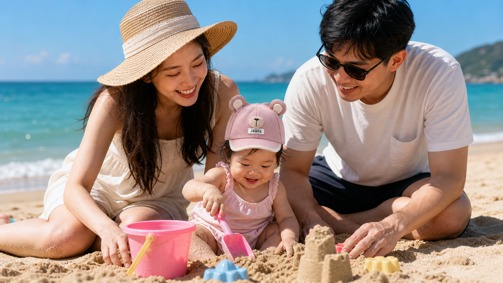 bébé  la plage porte sa jolie casquette bébé fille avec ses parents
