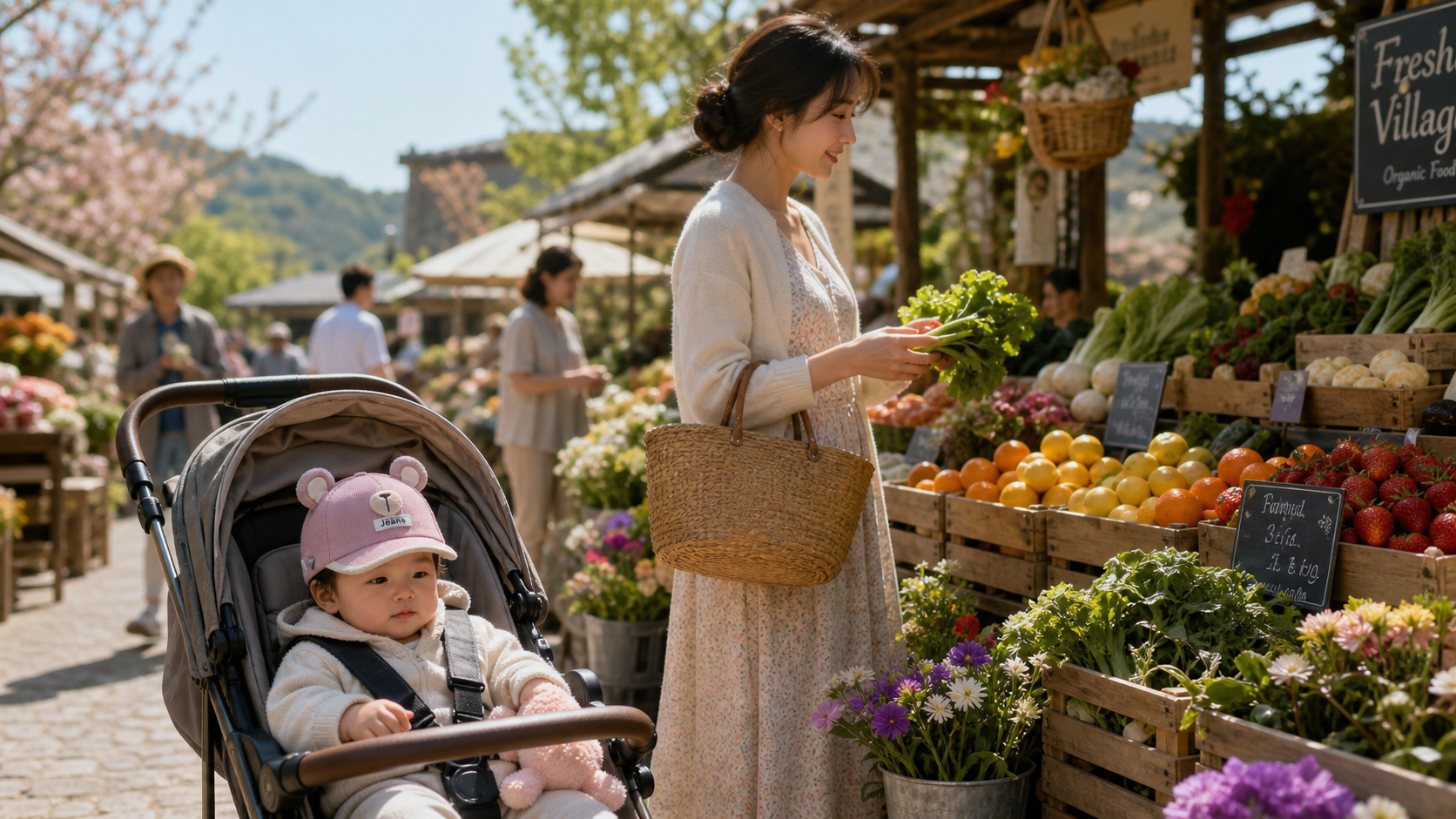 maman fais ses courses au marché avec bébé dans la poussette qui porte sa casquette bébé fille