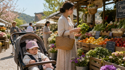 maman fais ses courses au marché avec bébé dans la poussette qui porte sa casquette bébé fille