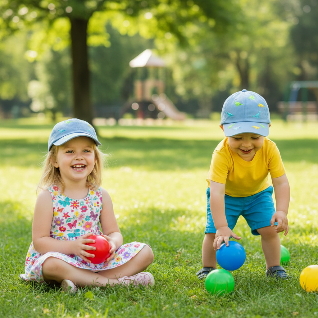 les enfants jouent au parc portant la casquette bebe bleue