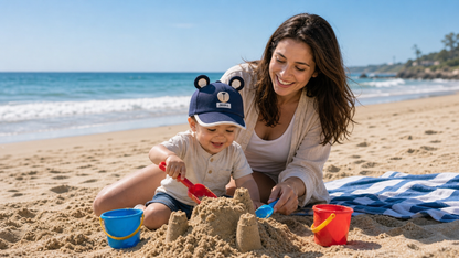 bébé à la plage avec maman porte sa casquette bébé garçon
