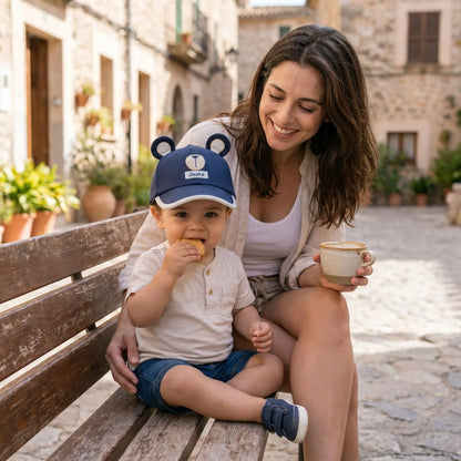 bébé avec maman mange son biscuit et porte sa casquette bébé garçon