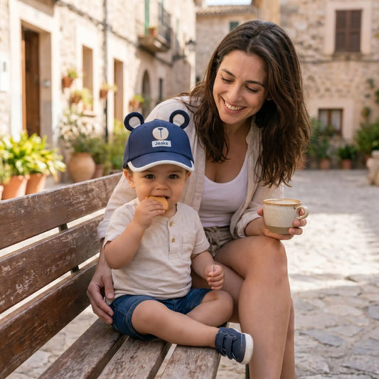 bébé avec maman mange son biscuit et porte sa casquette bébé garçon
