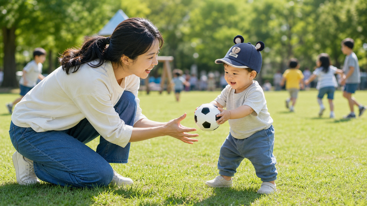 bébé joue au ballon avec maman et porte sa casquette bébé garçon