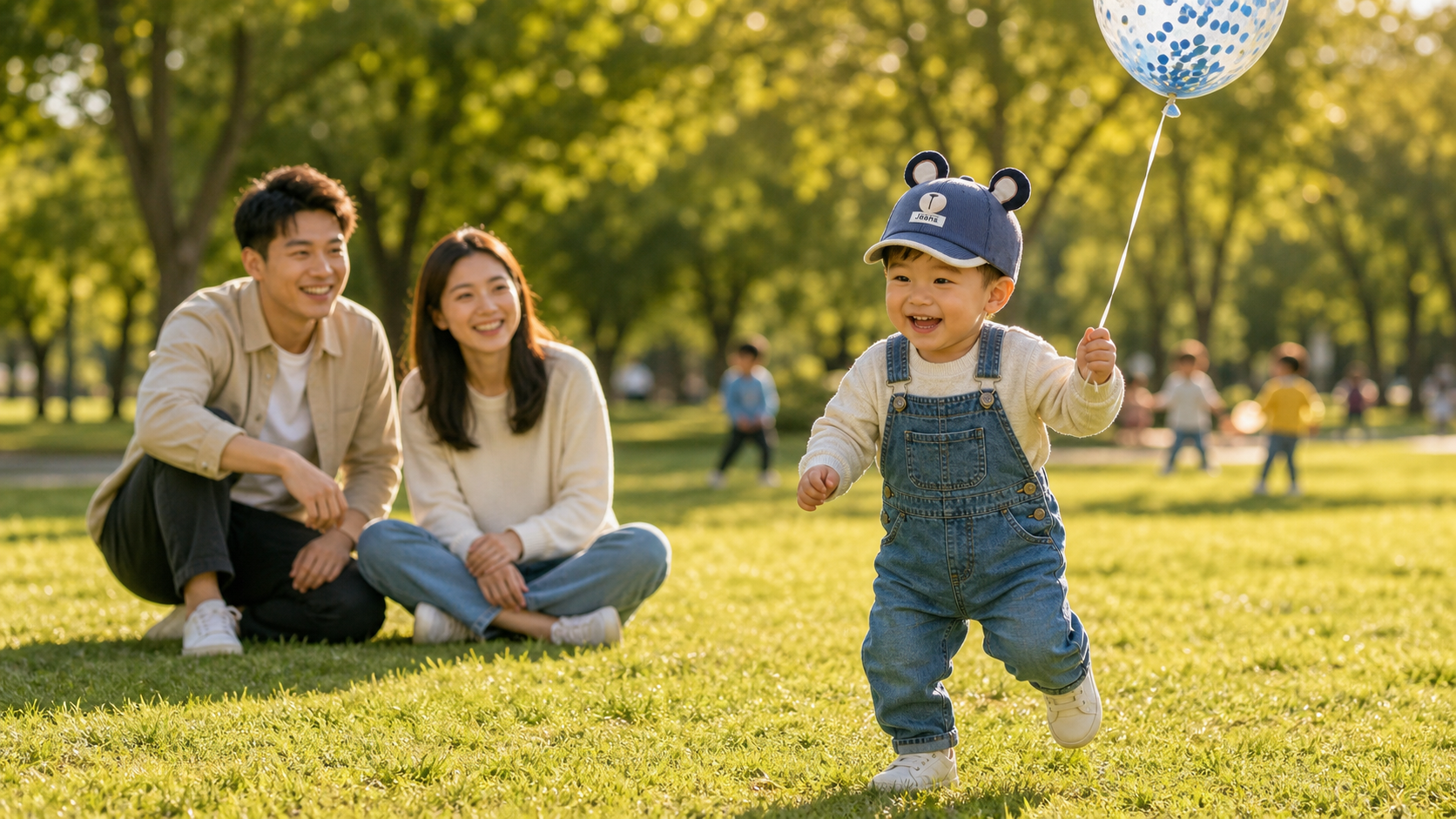 bébé court au parc avec sa casquette bébé garçon avec papa et maman