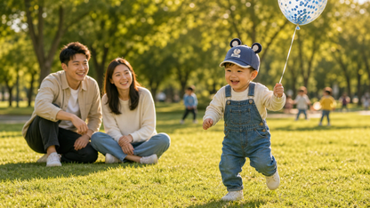 bébé court au parc avec sa casquette bébé garçon avec papa et maman