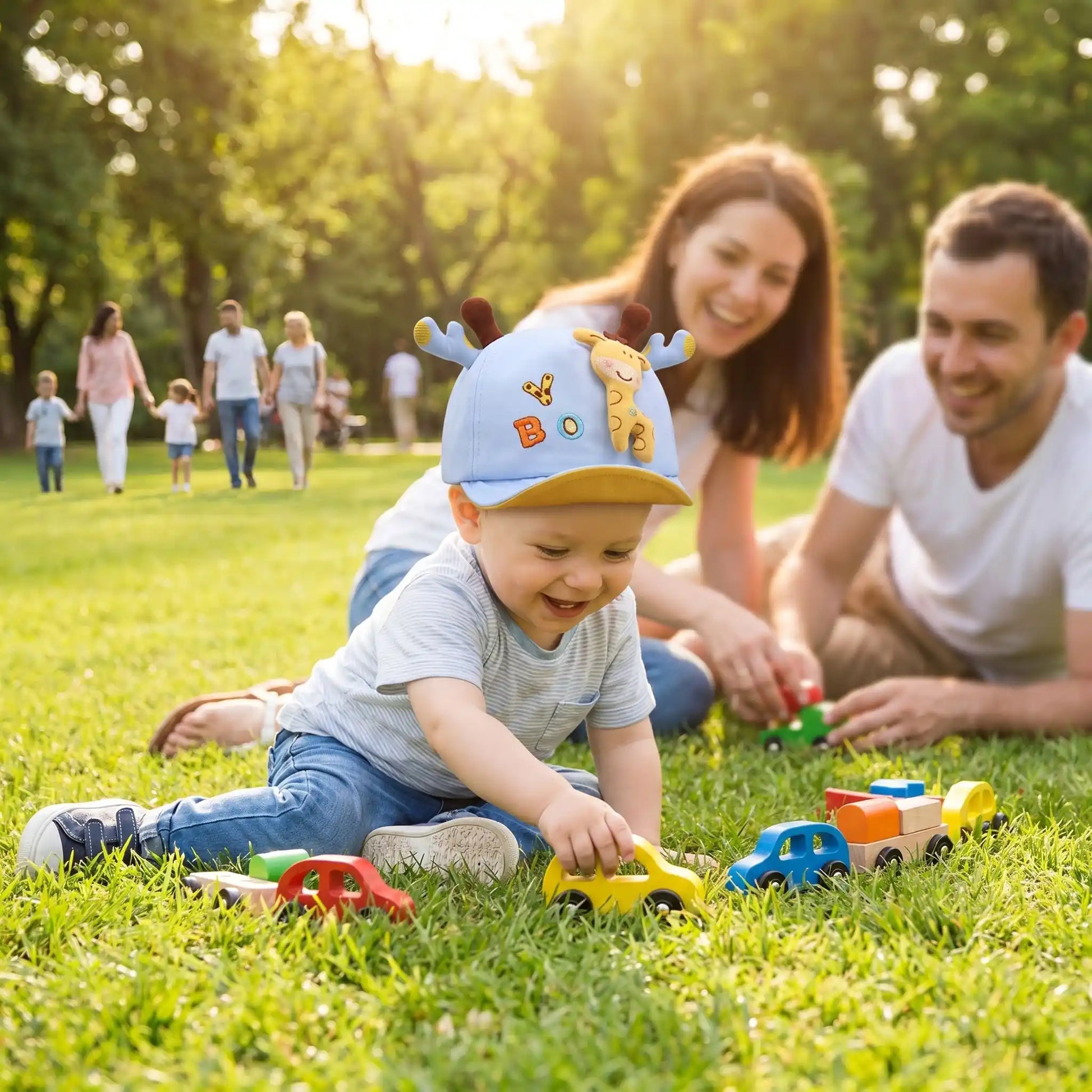 bébé joue au parc et et porte sa casquette bebe girafe bleu