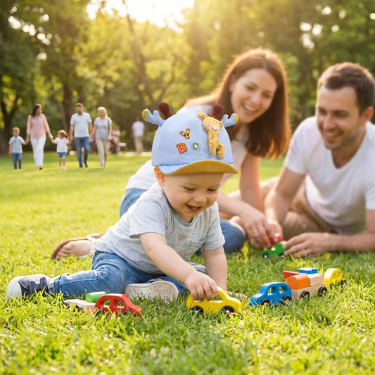 bébé joue au parc et et porte sa casquette bebe girafe bleu