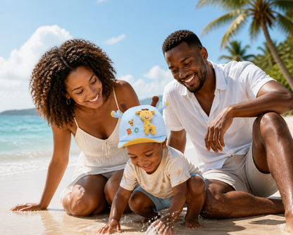 bébé à la plage et porte sa casquette bebe girafe bleu
