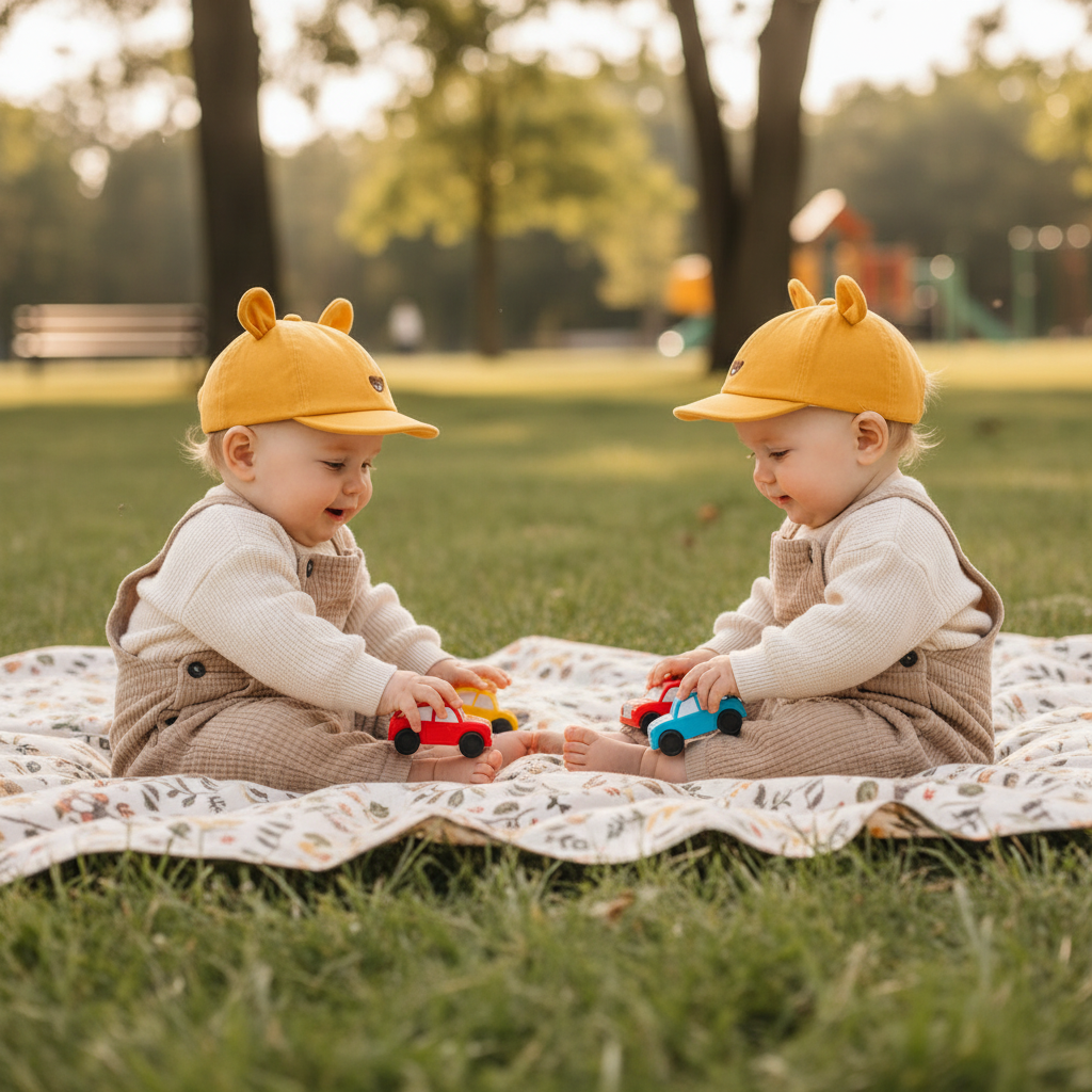 des jumeaux portent une casquette bebe et jouent avec les petites voitures
