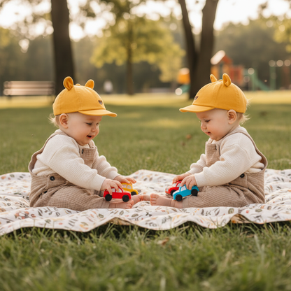 des jumeaux portent une casquette bebe et jouent avec les petites voitures