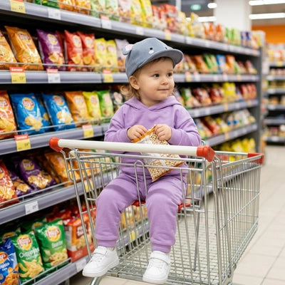 bébé porte sa casquette bebe mignon au super marché