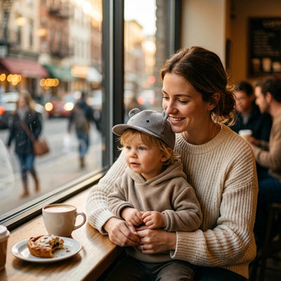 bébé porte sa casquette bebe mignon au café avec maman