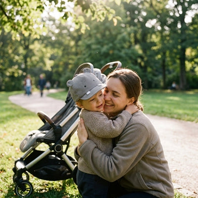 gros calin de maman avec bébé qui porte sa casquette bebe mignon