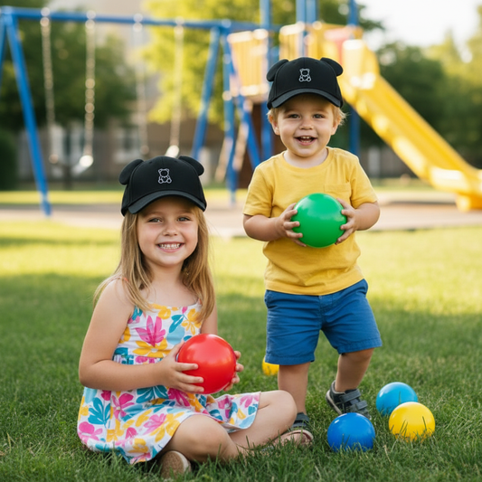 les enfants jouent aux balles et portent la casquette bebe noire