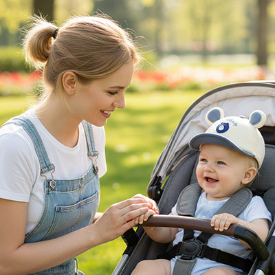 bébé dans sa poussette porte sa jolie casquette bebe oreilles