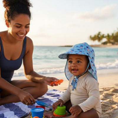 maman avec bébé à la plage bien protégé avec sa casquette pour bebe UV bleu