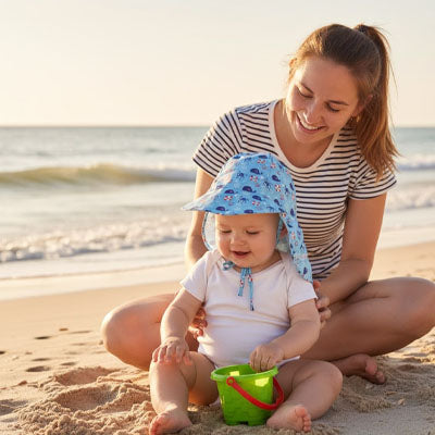 maman avec bébé à la plage bien protégé avec sa casquette pour bebe UV