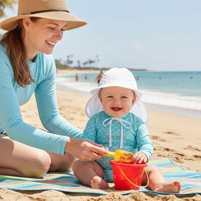maman avec bébé à la plage bien protégé avec sa casquette pour bebe UV