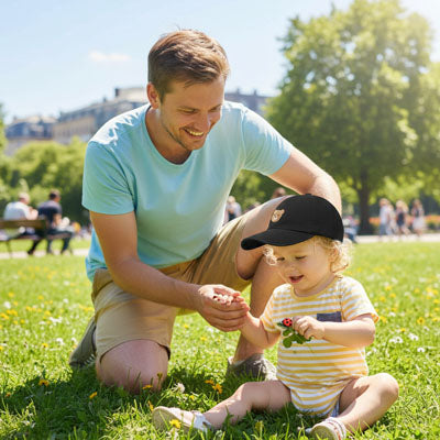 casquette pour bebe journée ensoleillée avec papa