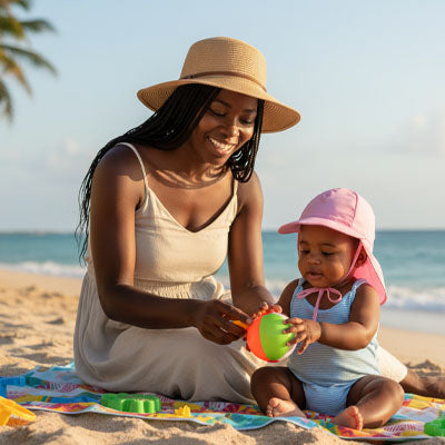 maman avec bébé à la plage bien protégé avec sa casquette pour bebe UV rose