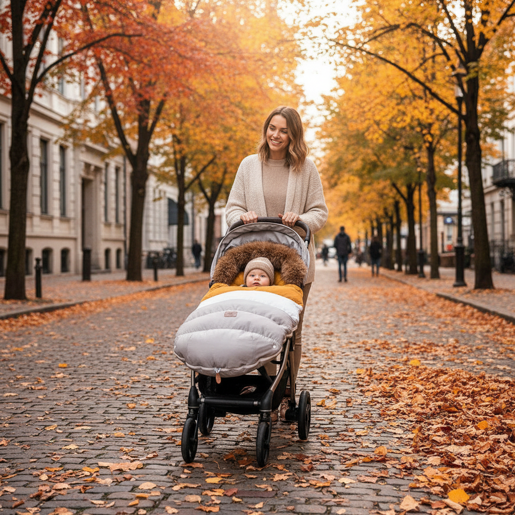 Chanceliere bebe avec maman et bébé en automne bien au chaud