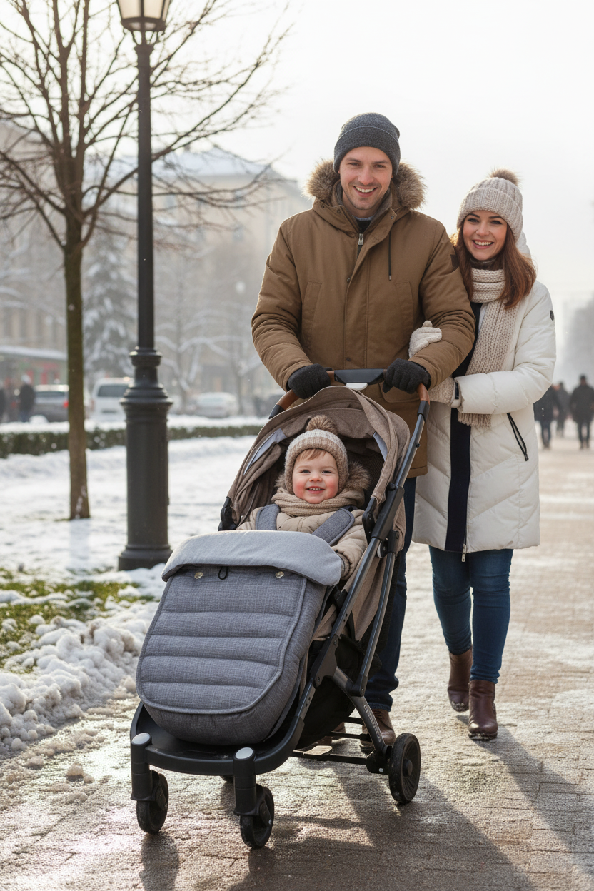chancelière bébé en promenade avec papa et maman en ville