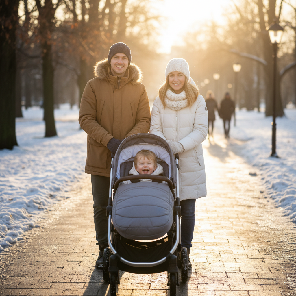 chancelière bébé en promenade avec papa et maman au parc