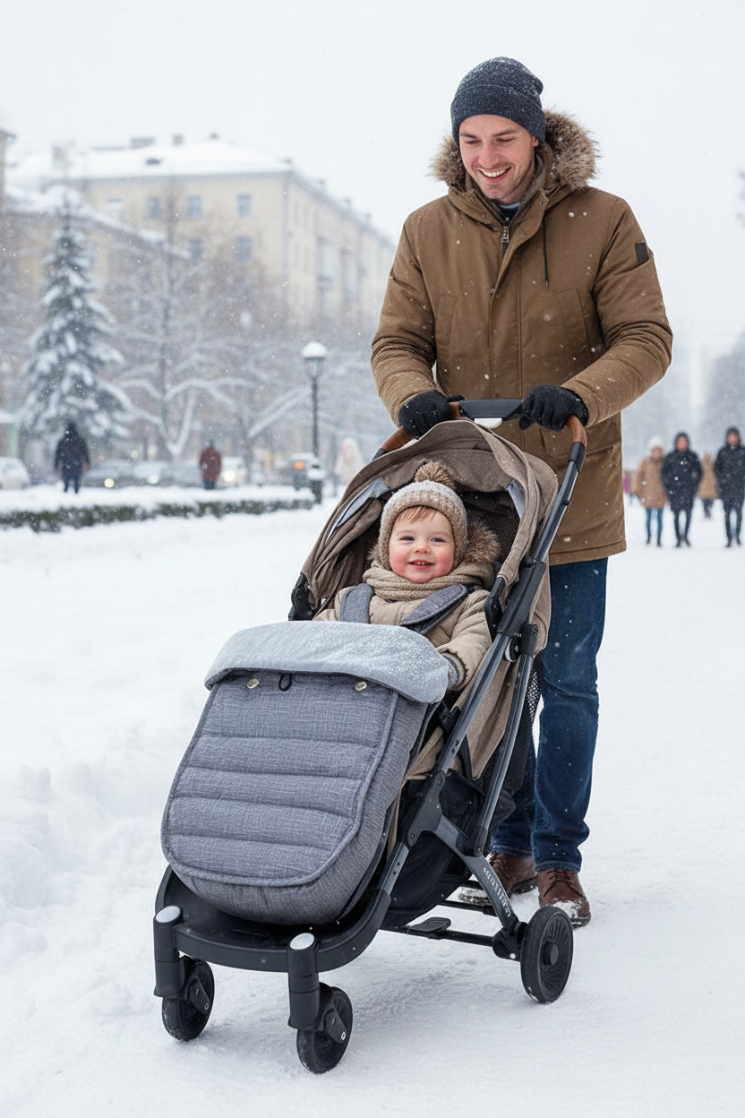 chancelière bébé en promenade avec papa sous la neige