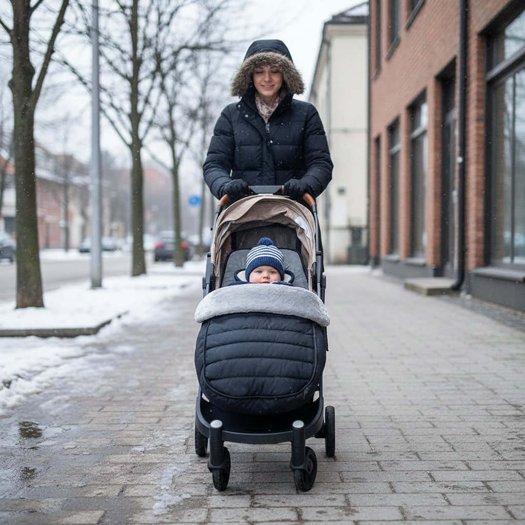chanceliere bebe en promenade avec maman sous la neige