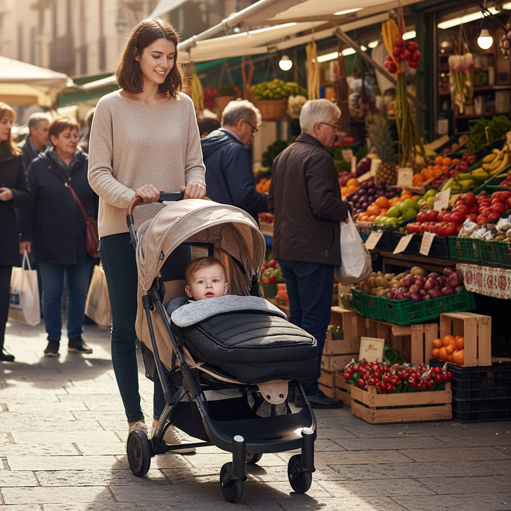chanceliere bebe en promenade avec maman au marché