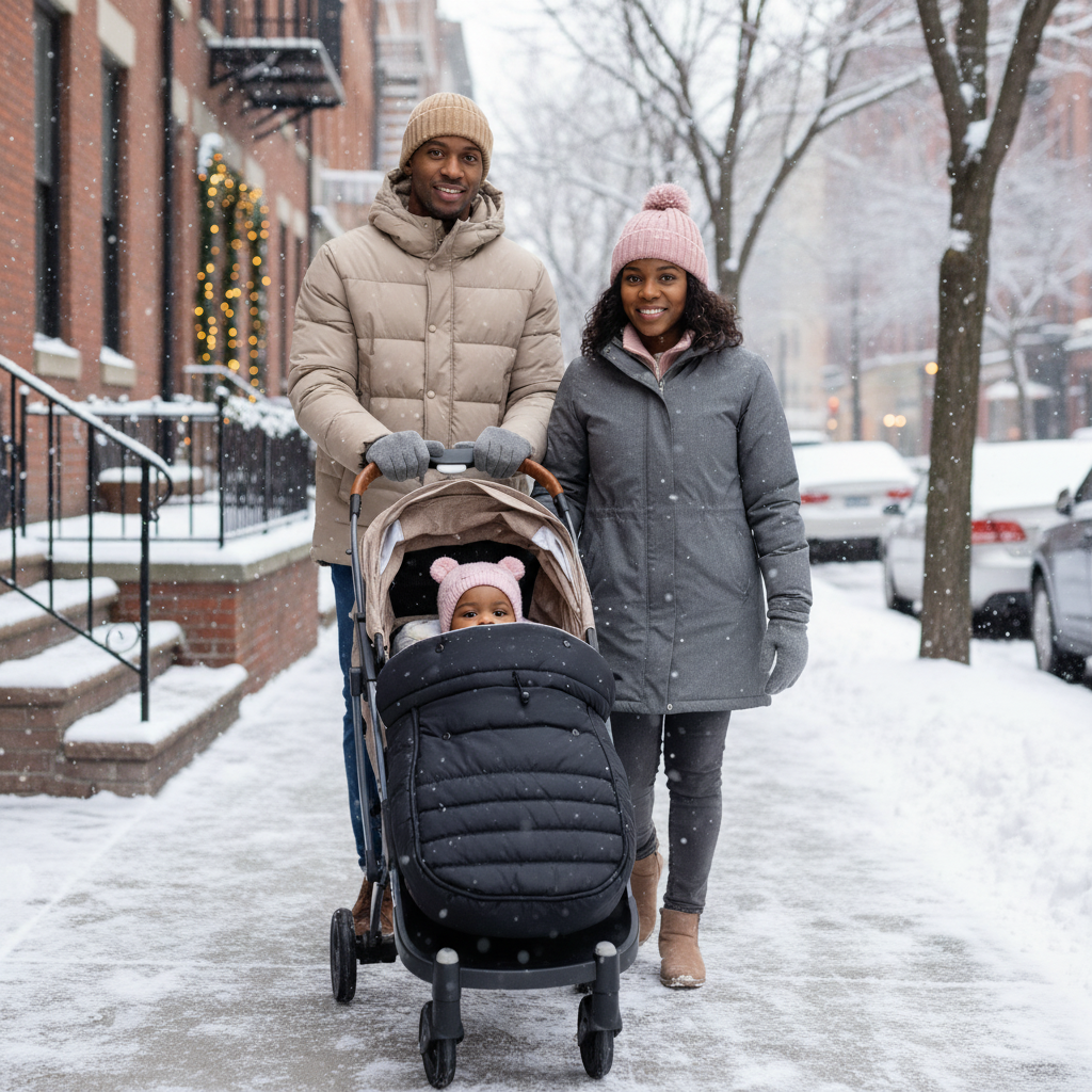 chanceliere bebe en promenade avec papa et maman sous la neige