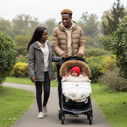 chanceliere poussette parents qui se baladent avec bébé au parc