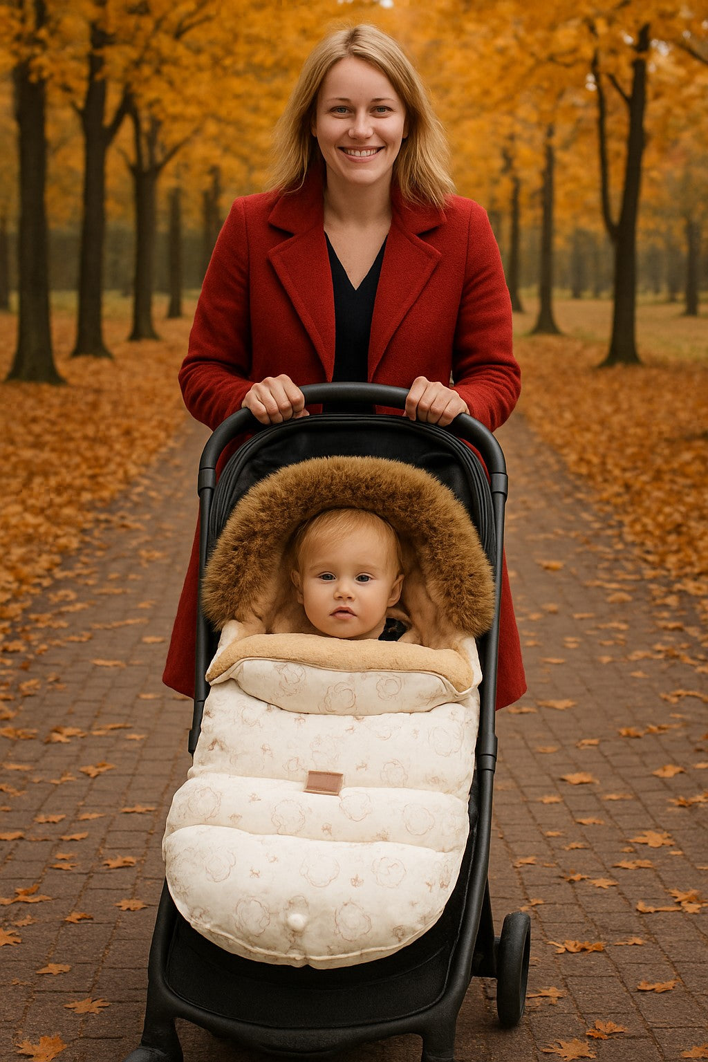 chanceliere poussette maman qui se balade avec bébé en automne