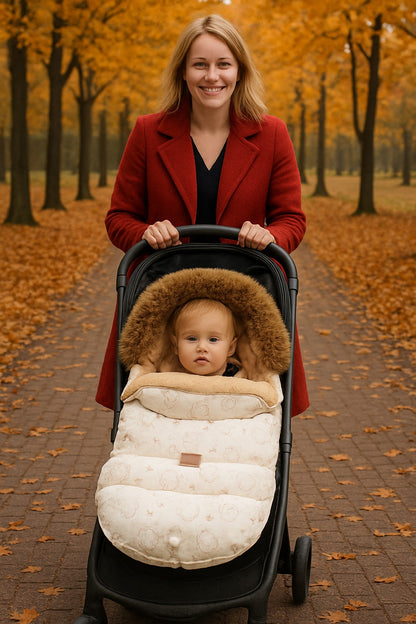 chanceliere poussette maman qui se balade avec bébé en automne