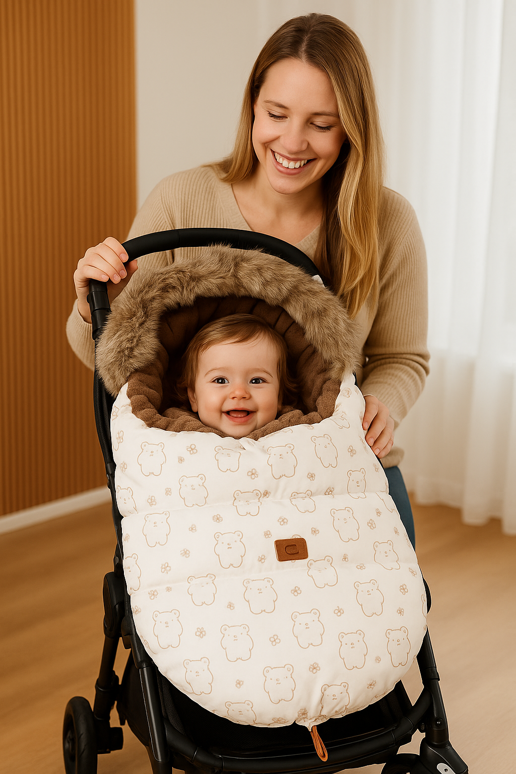 chanceliere poussette maman et bébé qui sourient