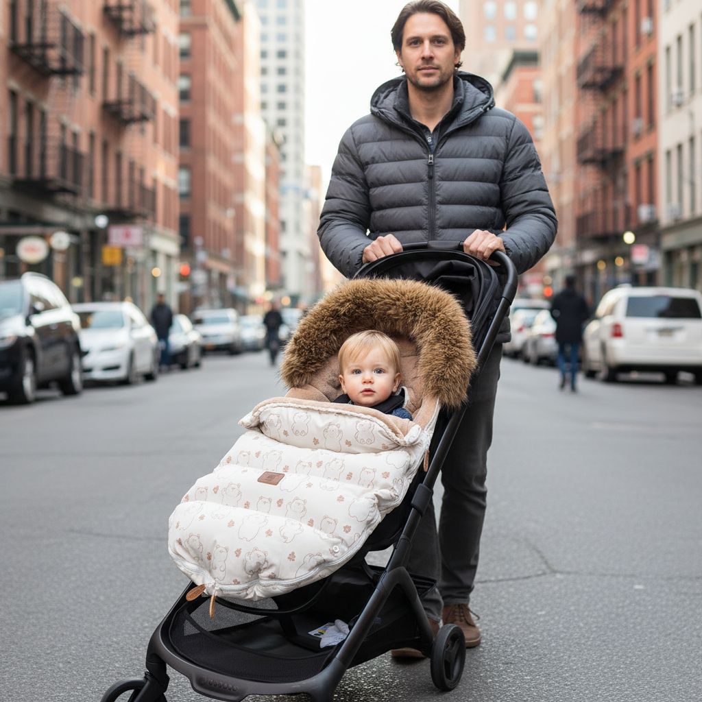 chanceliere poussette papa qui se balade avec bébé bien ua chaud dans sa chancelière