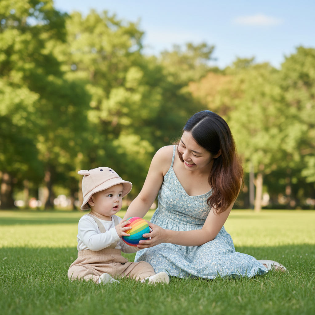 maman au parc avec son bébé qui porte son chapeau bébé