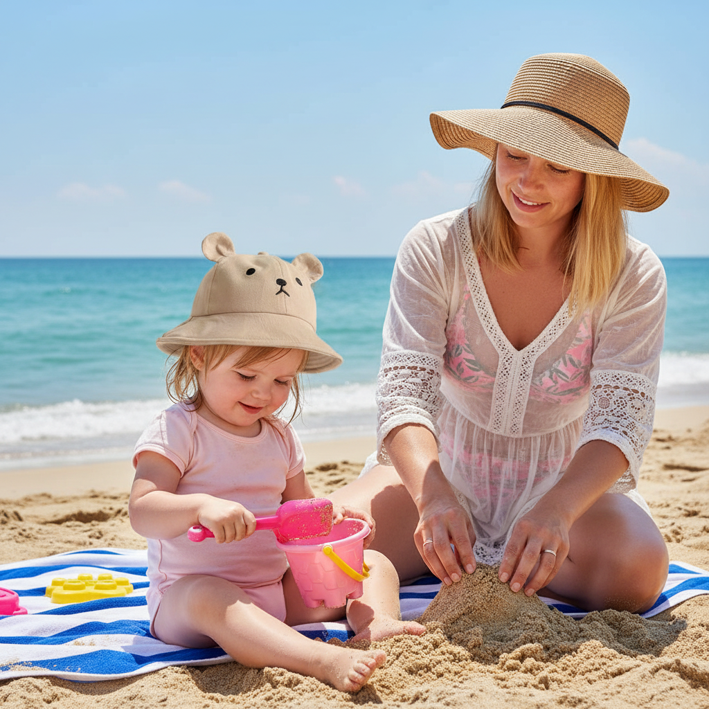 maman à la plage avec son bébé qui porte son chapeau bébé