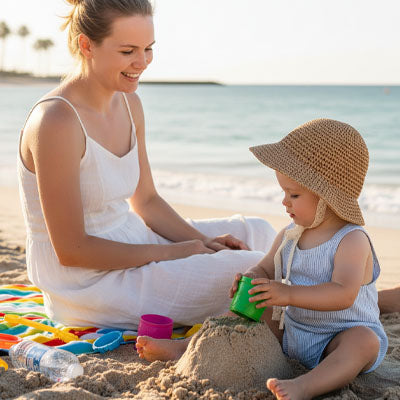 bébé qui porte son chapeau bebe à la plage