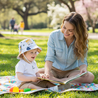 bébé porte son chapeau bebe au parc avec maman
