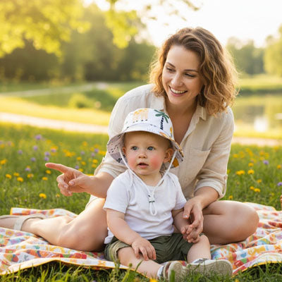 bébé porte son joli chapeau bebe au parc avec maman