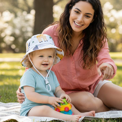 bébé porte son chapeau bebe au parc avec maman