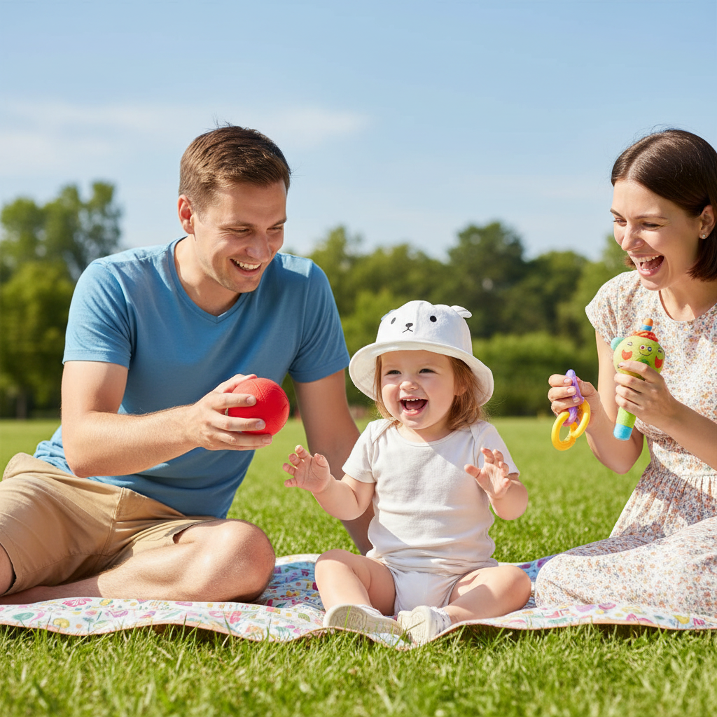 maman et papa au parc avec leur filles qui porte son chapeau bébé